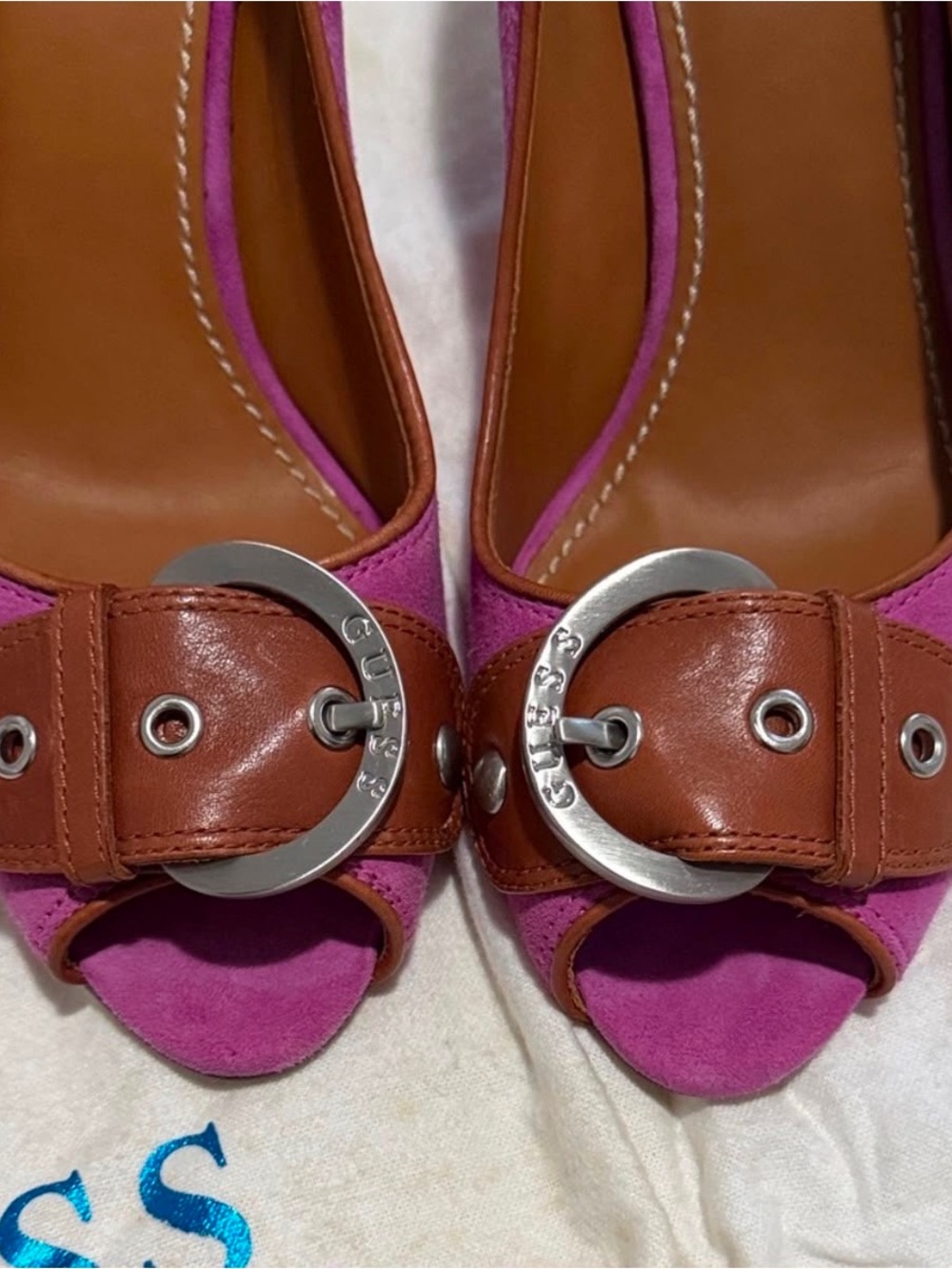 GUESS Pink Suede Peep-Toe Heels with Brown Trim & Buckle - Picture 2 of 7